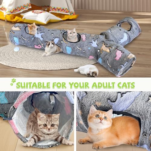 Cat Tunnels for Indoor Cats, Self-Luminous Cat Tunnel with Plush Ball, 3 Way Kitten Tunnel Collapsible, Cat Play Tunnel with Interactive Peephole for Large Cat, Puppy, Kitten - color: 59"-Self-Luminous