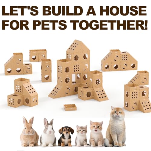 DIY Cat House with Scratcher Cardboard, Condo with Scratching Pads,Cats Play House, DIY Modular Cat Boxes, Indoor Kitty Scratcher Hideout for One or More Cats, Cat Tower Castle Tunnel, 5 Parts - size: 3 Boxes + 2 Roofs + 4 Scratchers