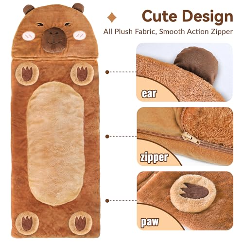 iPlay, iLearn Kid Capybara Sleeping Bag, Toddler Boys Girls Daycare Nap Mat | 2 In 1 Plush Animal Slumber Bag, Brown Pillow, Happy Travel Sleepover Preschool Birthday Gift for Age 3 4 5 6 7 8 10 12 Child - style: Capybara