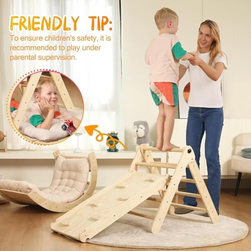 Pikler Triangle Set with Cushion, 7 in 1 Toddler Climbing Toys Indoor | Foldable Space-saving Design, Montessori-inspired Learning, Reversible Slide & Ramp, ASTM F963 Standards for Toddlers 18M-5Y - color: Nature Wood