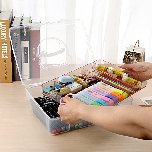 BTSKY 2-Tier Cute Bear Storage Box with Removable Divided Tray Portable Clear Plastic Art Craft Supply Organizer Stackable Home Office Supplies Storage Container for Pens Notes A4 papers etc (Coffee) - color: Coffee