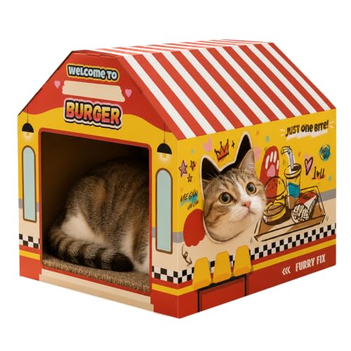 SEKAM Cardboard Cat House with Scratcher/Catnip, (16.5''x12''x15'') Burger Shop for Indoor/Outdoor Cats, Cat Play House&Home Decor, Cat Scratch Toy, Hideout for Bunny&Small Animals - color: hamburger shop