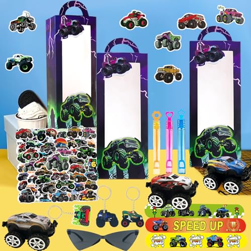 110PCS Monster Truck Party Favors, Birthday Decorations and Goodie Bag Toys | 110PCS monster truck party favors with boxes, trucks, sunglasses, stickers, bracelets, keychains, bubble wands and straws. - style: Monster Truck