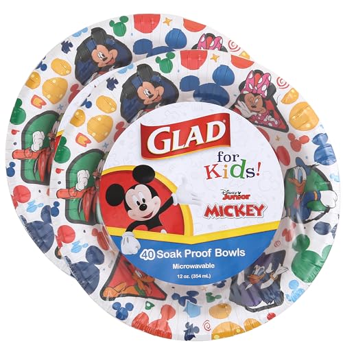 Glad for kids Disney Mickey & Friends Disposable Bowls, 12 Oz, 40 Ct, 2-Pk | Sturdy, cut-resistant paper bowls for snacks and parties, easy cleanup for everyday use - size: 40 Count (Pack of 2)