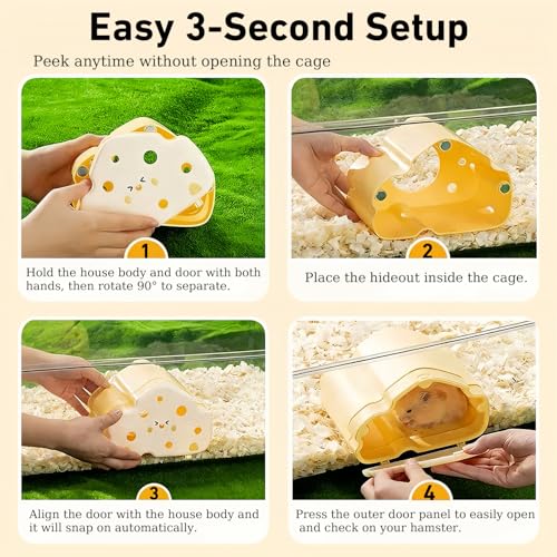 Cheese Hamster Hideout with Magnetic Door(Only for Acrylic Hamster Cage),Hamster House,Hamster Habitats,Plastic Hamster Peek House,Hamster Peekaboo Hide for Dwarf/Syrian Hamster/Gerbil