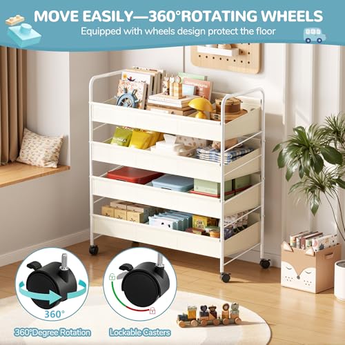 Kids Toy Storage Organizer with 4 Shelves & Wheels for Playroom | White, Large Size, Steel Frame & Oxford Fabric, Rolling Casters with 2 Locks, Safe Rounded Edges, Easy Assembly - size: 3X-Large-Large