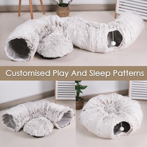Peekaboo Cat Cave with Washable Mat, Collapsible Cat Play Tunnel for Kittens & Small Pets, Plush Cat Donut Bed Tunnel, Brown - color: brown