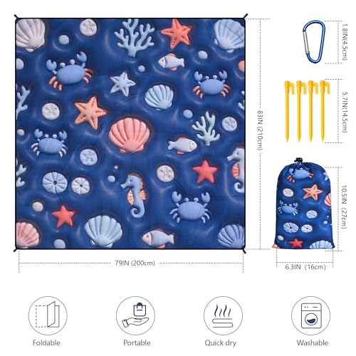 WIWIGO Beach Blanket Mat Waterproof Sandproof for 2-8 Adults Quick Drying | Extra Large, For 2-8 Adults,Windproof, Outdoor Picnic Mat, Beach Accessories Must Have,Gifts, for Travel, Camping, Hiking - color: 3d - Ocean Deep Blue, size: 79" X 83"（1-4person）