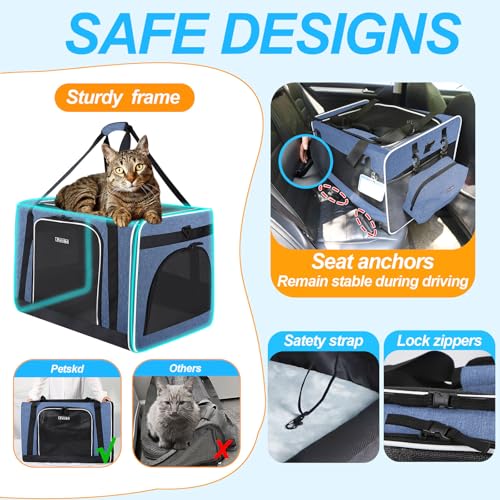 Extra Large Cat Carrier with Litter Box for Car Travel, Blue | 24"L x 17"W x 17"H, Seat Anchors and Lockable Safety Zippers, Collapsible Soft Sided, for 1 Medium-Large Cat or 2 Small Cats