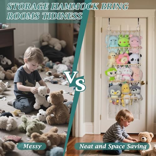 42cm Wide Over The Door Stuffed Animal Storage- 5-Tier Stuffed Animal Hammock For Toy Plush Hammock Hanging Net Big Girls Toddler Large Bag Animals Stuffy Behind - color: Beige