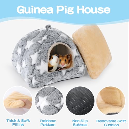 3 Pack Guinea Pig House Accessories, Washable 2 Guinea Pig House and Hideout Tunnel with Curtains, Chinchilla Hideout for Hamster, Rabbit, Bunny, Chinchillas (Gray-Star) - color: Gray-Star