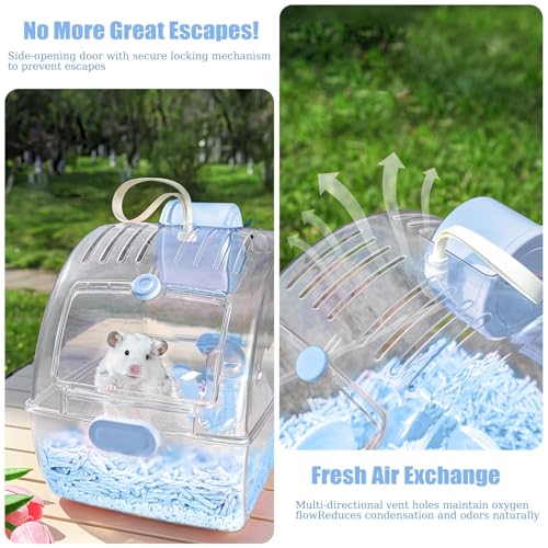 Small Portable Hamster Cages,Big Size(13×8.2×10.8'') Hamster Carrier with Water Bottle,Dwarf Hamster Travel Cage with Storage Box,360º Transparent Acrylic Pet Travel Carrier,Mouse Gerbil Cage(Blue)
