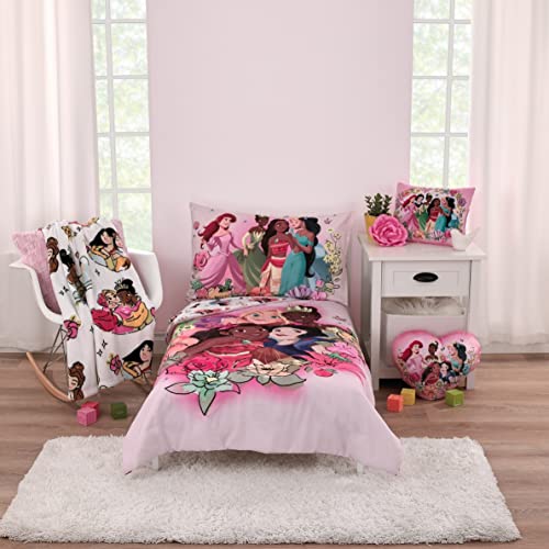 Disney Princesses Courage and Kindness Ariel, Tiana, Moana, Jasmine, Cinderella, Mulan, Belle, and Snow White 2 Piece Toddler Sheet Set - Fitted Bottom Sheet and Reversible Pillowcase - color: Princesses Courage and Kindness Pink