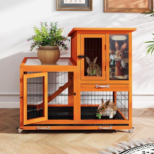 COZIWOW Rabbit Hutch Indoor Outdoor with Wire Floor & Removable Tray Orange | 2-Story Large Wooden Bunny Cage on Wheels, No-Spill Design, Chewproof Ramp for Multiple Small Animals