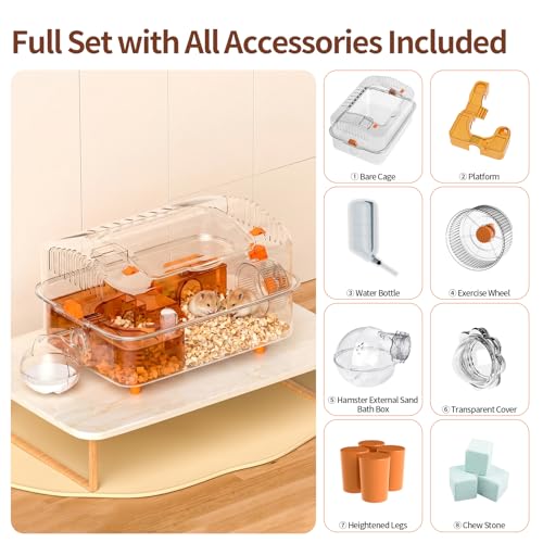 Hamster Cage with Bath, Clear PET Habitat for Dwarf Hamsters | 19.68"x14.17"x12.59", hamster enclosure with external bath area, platform, wheel and activity space for small pets - size: 19.7"L x 14.2"W x 12.6"H