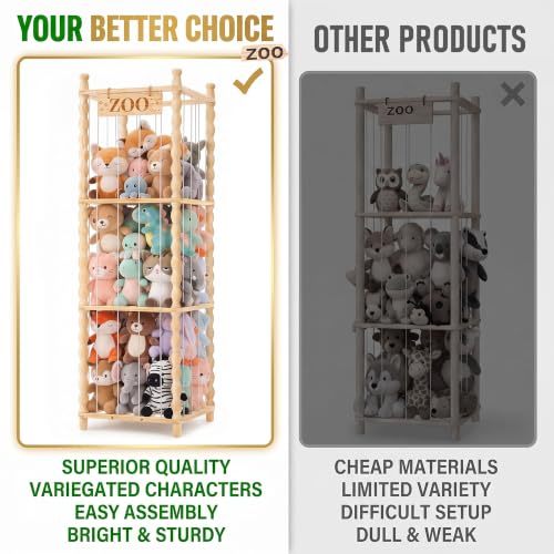 Stuffed Animal Storage Organizer, Wood Animals Zoo Toy Plushies Storage Holder with Cute Wave Design, Large Capacity Plush Toy Cage for Kids Room, Nursery & Playroom Organization(54" Tall)