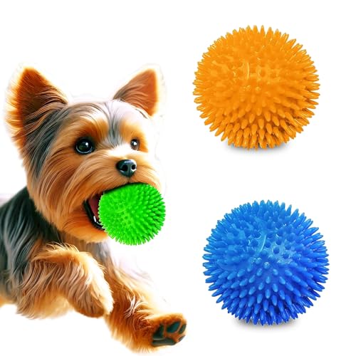 Meric CoCoo 3-Pack Squeaky Dog & Ferret Ball Toys, 2.3", Massage Teeth and Gums, Spikey Cat Rubber Balls, Toss Fetch Squeeky Doggy Balls for Multi-Pet Homes