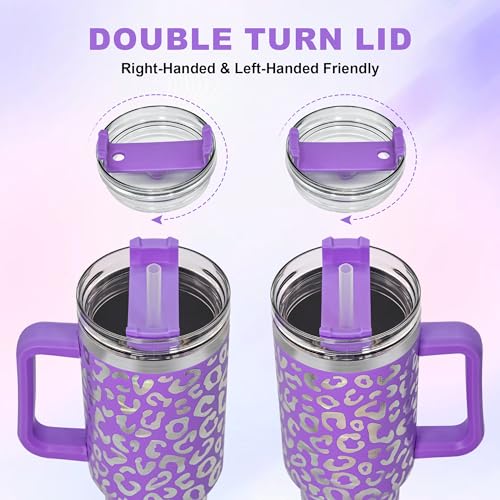 40 oz Tumbler with Handle and Straw, 100% Leak-Proof Travel Mug, Stainless Steel Double Wall Vacuum Insulated Coffee Cup Keeps Cold For 34 Hours, Dishwasher Safe, Purple Leopard - color: Purple Leopard