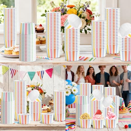 120 Pcs Striped Ice Cream Cups 12 oz Disposable Colorful Rainbow Stripe Paper Dessert Snack Bowl Pastel Food Yogurt Cup Container for Carnival Birthday Baby Shower Summer Party Supplies - style: Colorful Stripe Dessert Cup