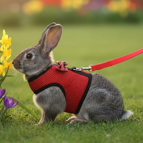 Rabbit Bunny Kitten Harness No Pull Cat Leash Stylish Vest Harness for Small Animal Adjustable Soft Breathable Walking Harness Set (RED, L) - color: Red, size: L