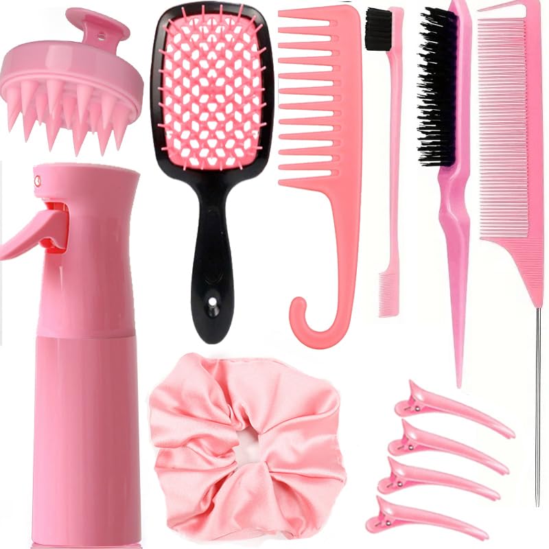 12 Pcs Hair Brush Set with Hair Spray Bottle for Toddlers, Women, Detangling Brush for Wet Dry Curly Hair, Edge Bristles Wide Tooth Rat Tail Combs for Baby Girls (pink) - color: Pink