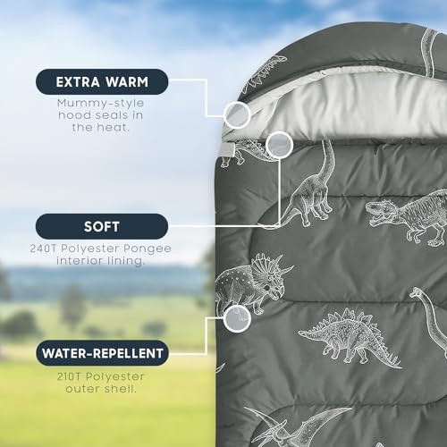 Wake In Cloud - Kids Sleeping Bag for Boys Toddlers, Camping in Warm Cold Weather, Backpacking Lightweight Compact Outdoor Liner for 3 Seasons, Dinosaur Sketch - color: Dark Gray