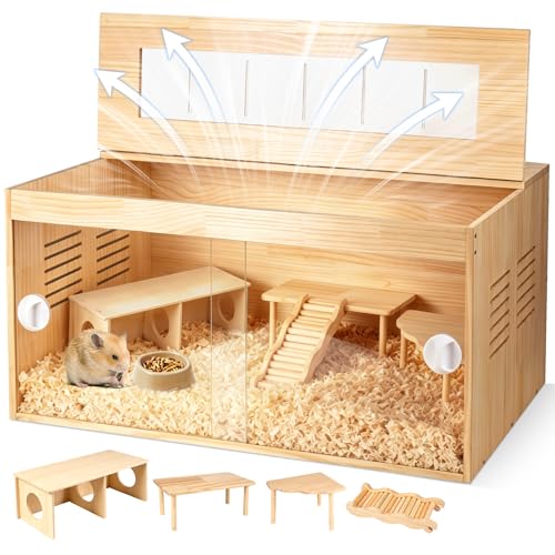 Hamster Cage 32 Inch Large Chewproof Wooden Habitat, Openable Top, Double Openable Acrylic Sheet Doors, Easy Assembly, Hamster Enclosure for Gerbil & Syrian Hamster, Dwarf Hamster (with Accessories)