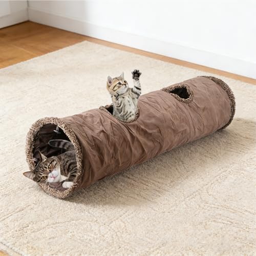 50"x 12" Collasiple Cat Play Tunnel, Interactive Cat Tubes and Tunnels for Indoor Play, Foldable Hide and Seek Toy for Cats, Rabbits, and Small Pets, Soft Brown Suede Pet Tunnel