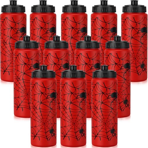 12 Pack 20 oz Spider Web Plastic Water Bottles Bulk, Red Reusable Squeeze Water Bottles with Pull Top Lid, Portable Leakproof for Spider Birthday Party Supplies, Party Favors - style: Spider