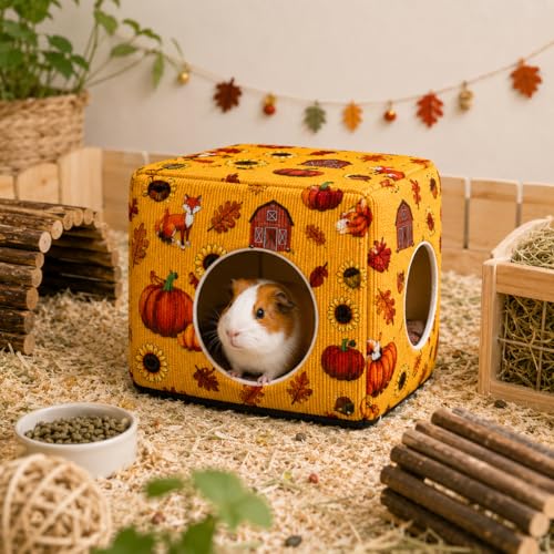 Guinea Pig Hideout House with Removable Cushion, Washable Small Animal Cube Bed, Cozy Bunny Hideaway for Guinea Pigs, Chinchillas, Hedgehogs, Hamsters & Dwarf Rabbits - color: Orange Pumpkin