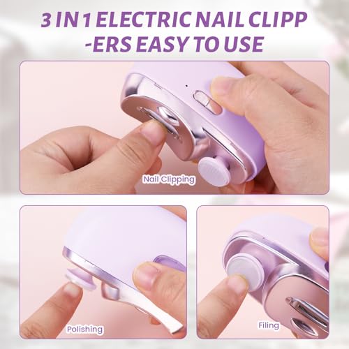 3 in 1 Electric Nail Clipper for Seniors, Baby Nail Trimmer Electric Automatic Trimmer, Safe Electric Toenail Clippers Nail File Tools for Adult, Manicure Kit Grinder with Polishing(Purple) - size: Purple