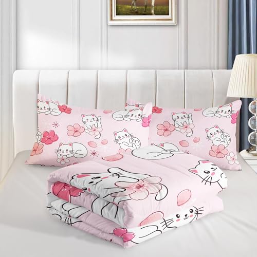 QOOMO 3Pcs Sakura Cats Comforter Set Twin,Floral Bedding Set for Kids | 3Pcs Bedding Set Printed Comforter with 2 Pillowcases,Soft Microfiber,Lightweight and Comfortable,for All seasons - color: Sakura Cats 18, size: Twin