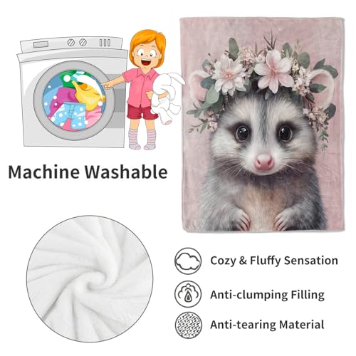 Cute Possum Blanket Sweet Opossum Pink Throw Blankets,Gifts for Kids Woman Adult,Lightweight Soft Fleece,Animal Floral Crown Design,for Sofa Couch Bed Room Modern Artistic Decor 50x60in - color: Possum, size: 50x60in