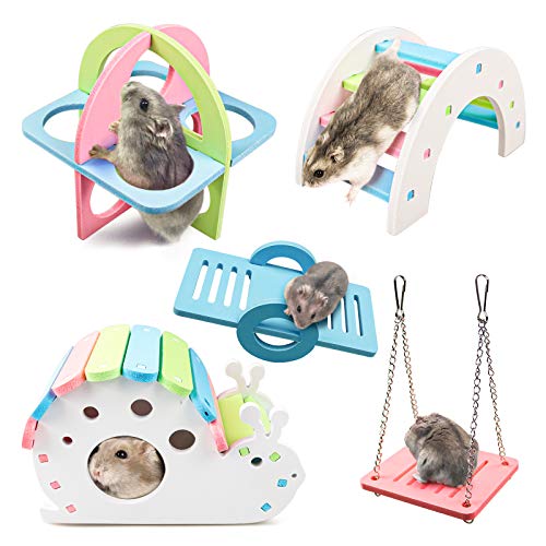 Roundler Dwarf Hamsters House DIY Wooden Gerbil Hideout Rainbow Bridge Swing and PVC Seesaw, Pet Sport Exercise Toys Set, Sugar Glider Syrian Hamster Cage Accessories, Suitable for Small Animal (H02)