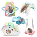 Roundler Dwarf Hamsters House DIY Wooden Gerbil Hideout Rainbow Bridge Swing and PVC Seesaw, Pet Sport Exercise Toys Set, Sugar Glider Syrian Hamster Cage Accessories, Suitable for Small Animal (H02)