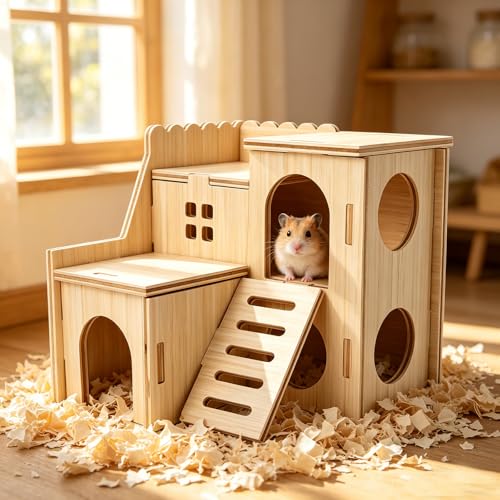 Hamster Wooden Maze House with Slide, Double-Decker Hut and Small Swing, Hideout Play Toys for Dwarf Hamsters, Gerbils, Mice and Other Small Animals (Only for Small Hamsters)