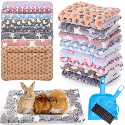 Tudomro 8 Pcs Bunny Guinea Pig Beds with Cleaning Dustpan Brush 14.5"x10.6" Warm Fleece Guinea Pig Pads Small Animal Sleeping Mats Accessories for Rabbit Hamster Squirrel Hedgehog Chinchilla Ferret