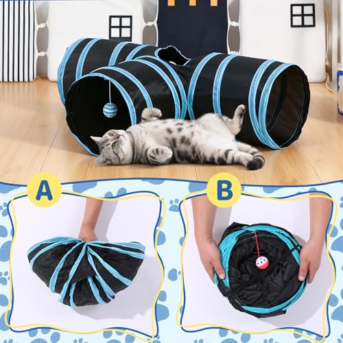 Pet Cat Tunnel, T-3 Way Tunnels for Indoor Cats, Collapsible Pet Tunnel for Kitten, Puppy, Rabbit, 25cm-Wide Tunnels, Durable & Breathable, with Peek Hole Toy Ball - color: T-Junction Tunnel & Black/Blue