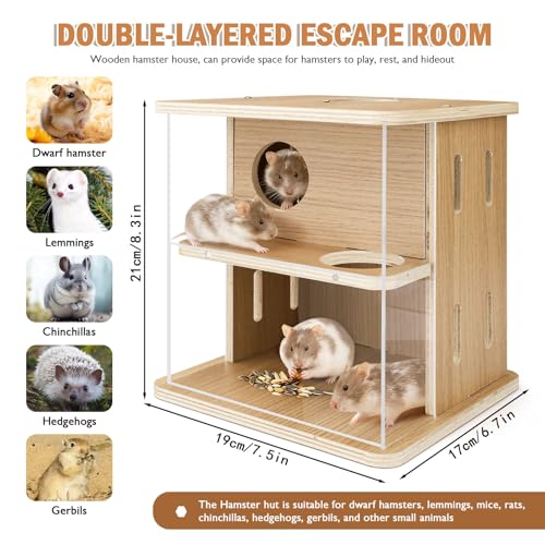 Double-Decker Hamster Hides with Acrylic Viewing Panels, Wooden Hamster Hideout for Syrian Hamsters Gerbils, Detachable Mouse House (Natural Color)
