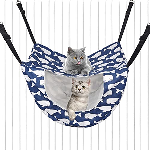 Petmolico Cat Hammock for Indoor Cats, 2 Tier Hanging Cat Cage Hammock with Soft Fleece Pet Bed for Kitten Raccoon Ferrets Gerbils, Blue Whale