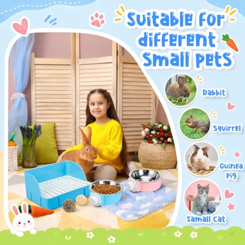 Reallnaive 15 Pcs Rabbit Starter Kit Small Rabbit Litter Box Girls Gift Animal Grooming Kit Bunny Toys Bowl Blankets with Cleaning Set for Guinea Pig Accessories(Bright Blue) - color: Bright Blue