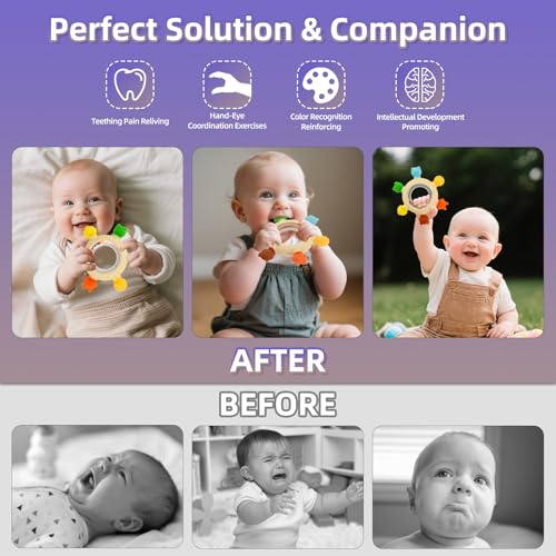 Baby Teething Rings Toys for 0-6 6-12 Months Animal Rattle Teether Toy | Sensory Toys for Babies 0-24Months Silicone Teether Relief Chew Soothing Sore Gums for Newborn Infant Essentials BPA Free
