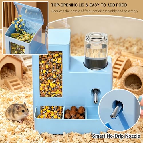 Automatic Hamster Feeder, 2-in-1 Water Bottle Dispenser No Drip | 5.51x4.33x6.49 Inch compact design with hamster water bottle, hamster food bowl and hamster accessories for small pets. - color: Blue