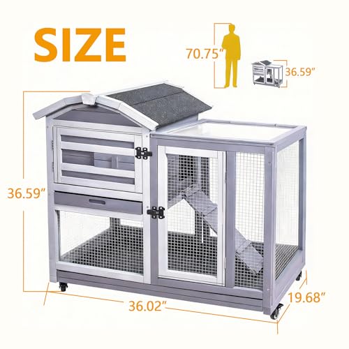 GEGURI Rabbit Hutch Indoor Rabbit Cage Outdoor, Wooden Bunny Cages for Guinea Pig with Wheels, Removable Tray, Ramp