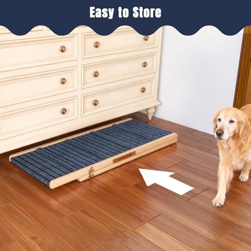 Adjustable Wooden Dog Ramp for Small & Medium Dogs, 39.4" Long x 15.8" Wide Portable Pet Ramp for Bed, Couch, Sofa & Car, Anti-Slip Carpet, Lightweight Foldable Indoor Outdoor Travel Dog Ramp - size: 39.4" L x 15.8" W