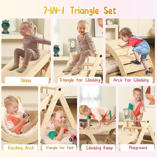 Pikler Triangle Set with Cushion, 7 in 1 Toddler Climbing Toys Indoor | Foldable Space-saving Design, Montessori-inspired Learning, Reversible Slide & Ramp, ASTM F963 Standards for Toddlers 18M-5Y - color: Nature Wood