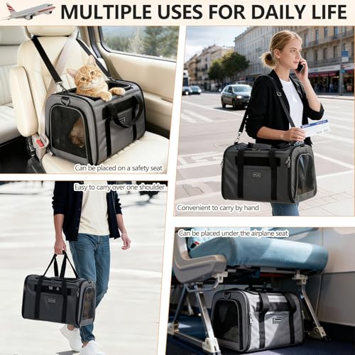 Cat Travel Carrier .Foldable Dog Carrier Bag, Soft Sided cat Carrier up to 20 Lbs,Pet Carrier Soft-Sided Escape Proof with 4 Ventilated Windows, Airline Approved Cat Carrier (Grey) - color: Grey