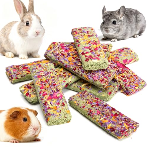 Abizoo 10pcs Timothy Hay & Alfalfa Chew Toys - Natural Crunchy Treats with Wheat Calendula Rose High Fiber for Teeth Care & Digestive Health for Bunnies, Guinea Pigs, Hamsters, Chinchillas, Gerbils
