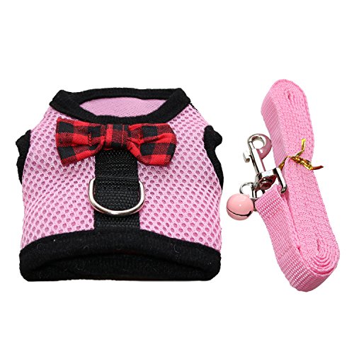 Small Animal Harness and Leash, No Pull Soft Mesh Ferret Harness Pink,S | Soft Mesh Comfort, Bell for Outdoor Walks, Velcro Easy-On Fit, 4.4 ft Leash, for Baby Ferrets, Rats and Guinea Pigs - color: Pink, size: Small