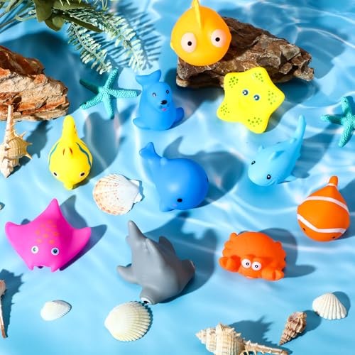Poen 100 Pcs Rubber Bath Toys Bulk Cute Sea Animals Bathtub Toys Floating Ocean Squeaky Animals for Birthday Party Supplies Summer Pool Favors Baby Shower Classroom Carnival Prizes, 10 Styles - style: Stylish Style